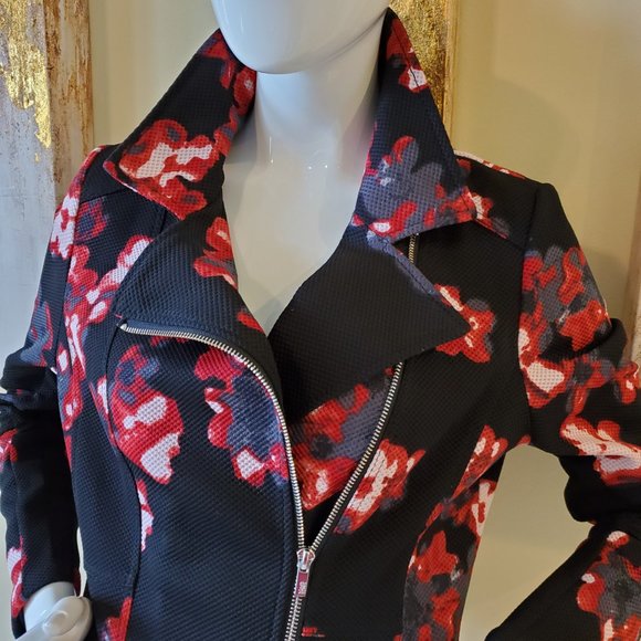 Black Rivet Black/Red Floral Zipper Front Blazer Jacket SZ L - Picture 3 of 8